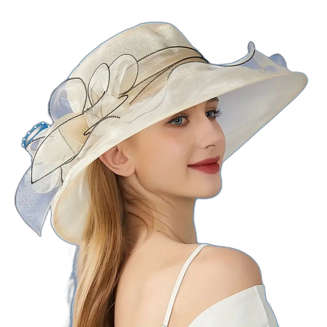 Organza Bucket Hat with Wide Brim for Church, Bridal, Tea Party & Weddings Beige