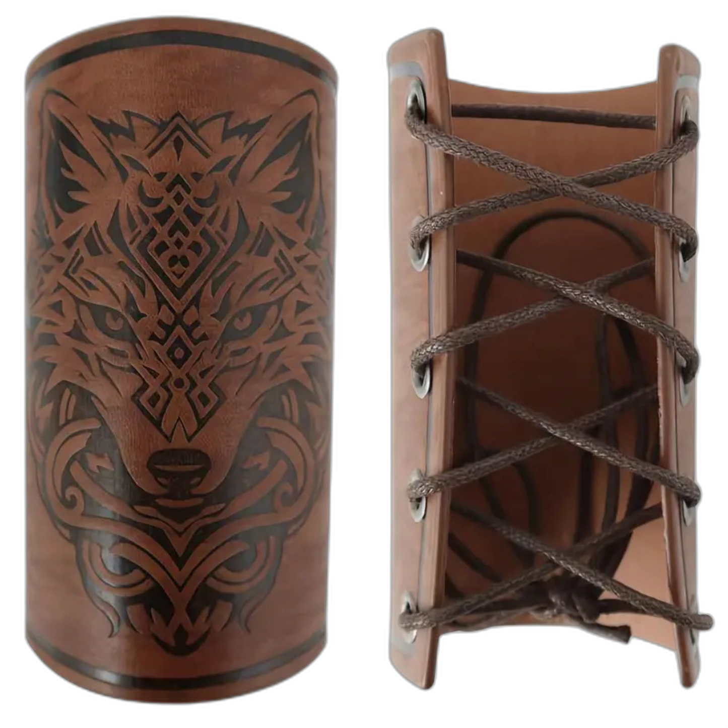 Pr Brown Renaissance Medieval Viking Bracers PU Leather Wolf Pattern Arm Guards