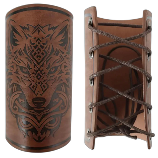Pr Brown Renaissance Medieval Viking Bracers PU Leather Wolf Pattern Arm Guards