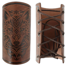 Load image into Gallery viewer, Pr Brown Renaissance Medieval Viking Bracers PU Leather Wolf Pattern Arm Guards
