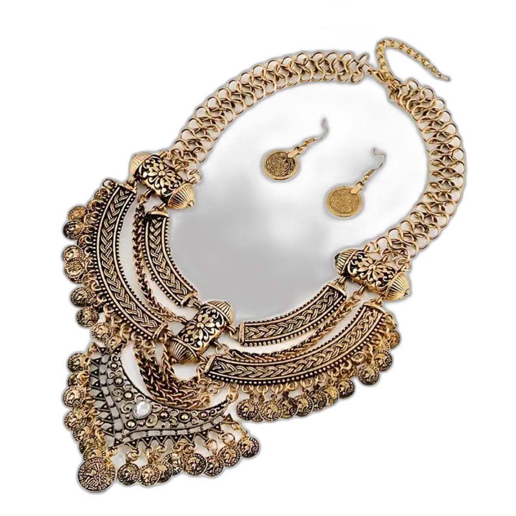 Crescent Moon Tassel Thick Chain Short Collarbone Necklace & Earrings Zinc Alloy