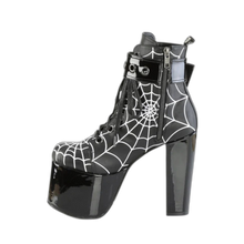 Load image into Gallery viewer, Demonia Torment-51 Spider Web Platform Ankle Boots Size 6 Black Vegan Leather
