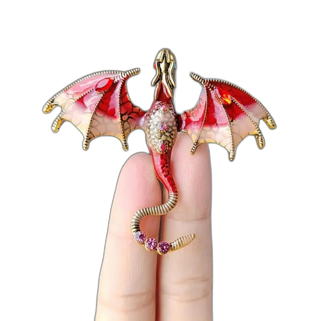 Red Enamel Dragon Brooch With Rhinestone Fashion Brooch Versatile 2.75