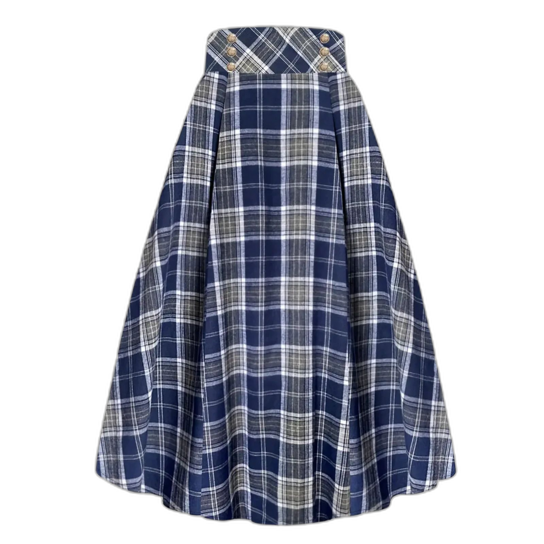 Skirt Dark Blue Plaid Print Button Elastic High Rise A-line Maxi Skirt 3XL 18