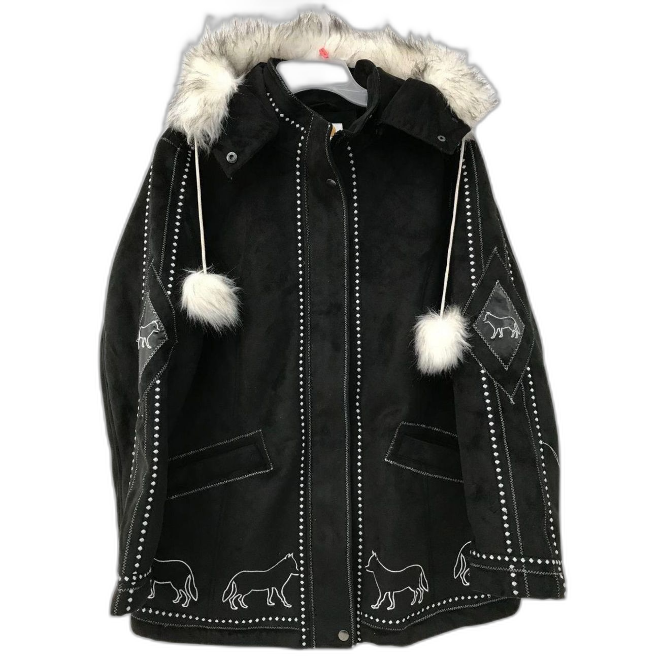 Vintage Women's Ameri Mode Faux Fur Embroidered Wolf Black Polyester Coat Size L