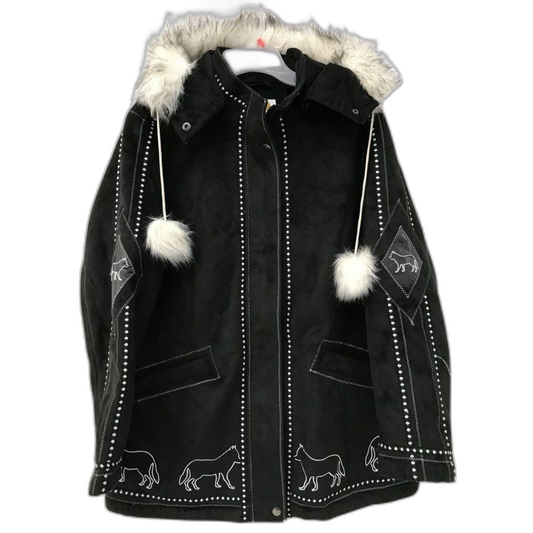 Vintage Women's Ameri Mode Faux Fur Embroidered Wolf Black Polyester Coat Size L