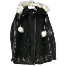 Load image into Gallery viewer, Vintage Women&#39;s Ameri Mode Faux Fur Embroidered Wolf Black Polyester Coat Size L
