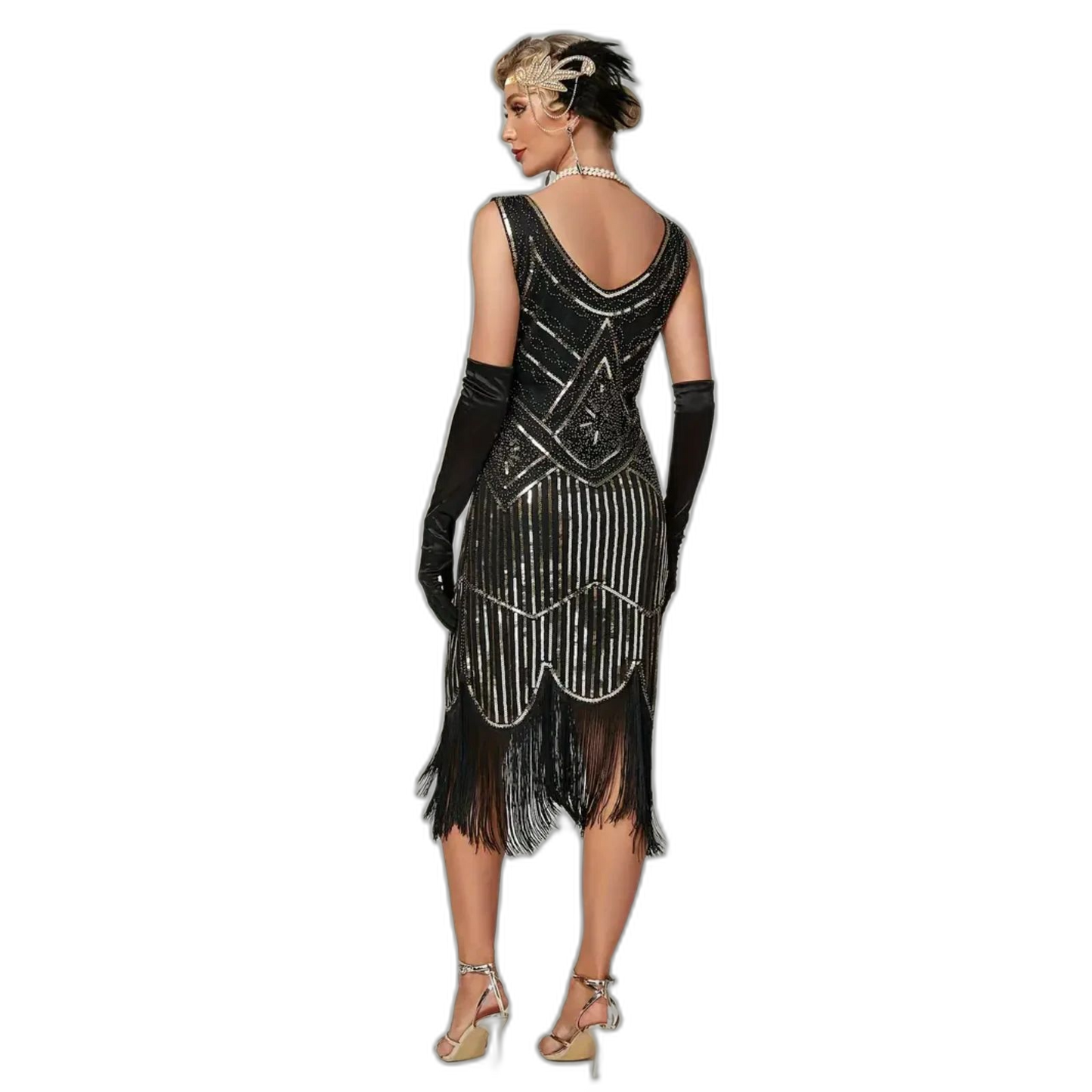 Sequined Fringe Hem Flapper Vintage Sleeveless Tank Dress BLACK & GOLD US14