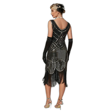 Load image into Gallery viewer, Sequined Fringe Hem Flapper Vintage Sleeveless Tank Dress BLACK &amp; GOLD US14
