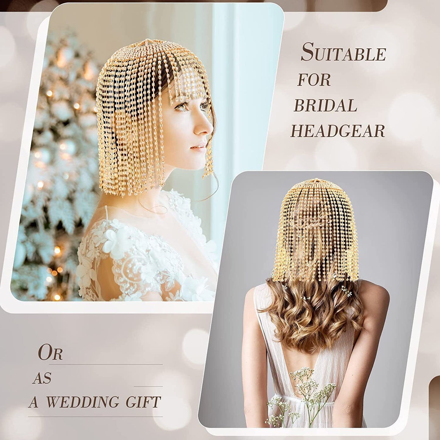 Tassel Rhinestone Cap Headpiece Flapper Golden & Crystal Head Chain Jewelry