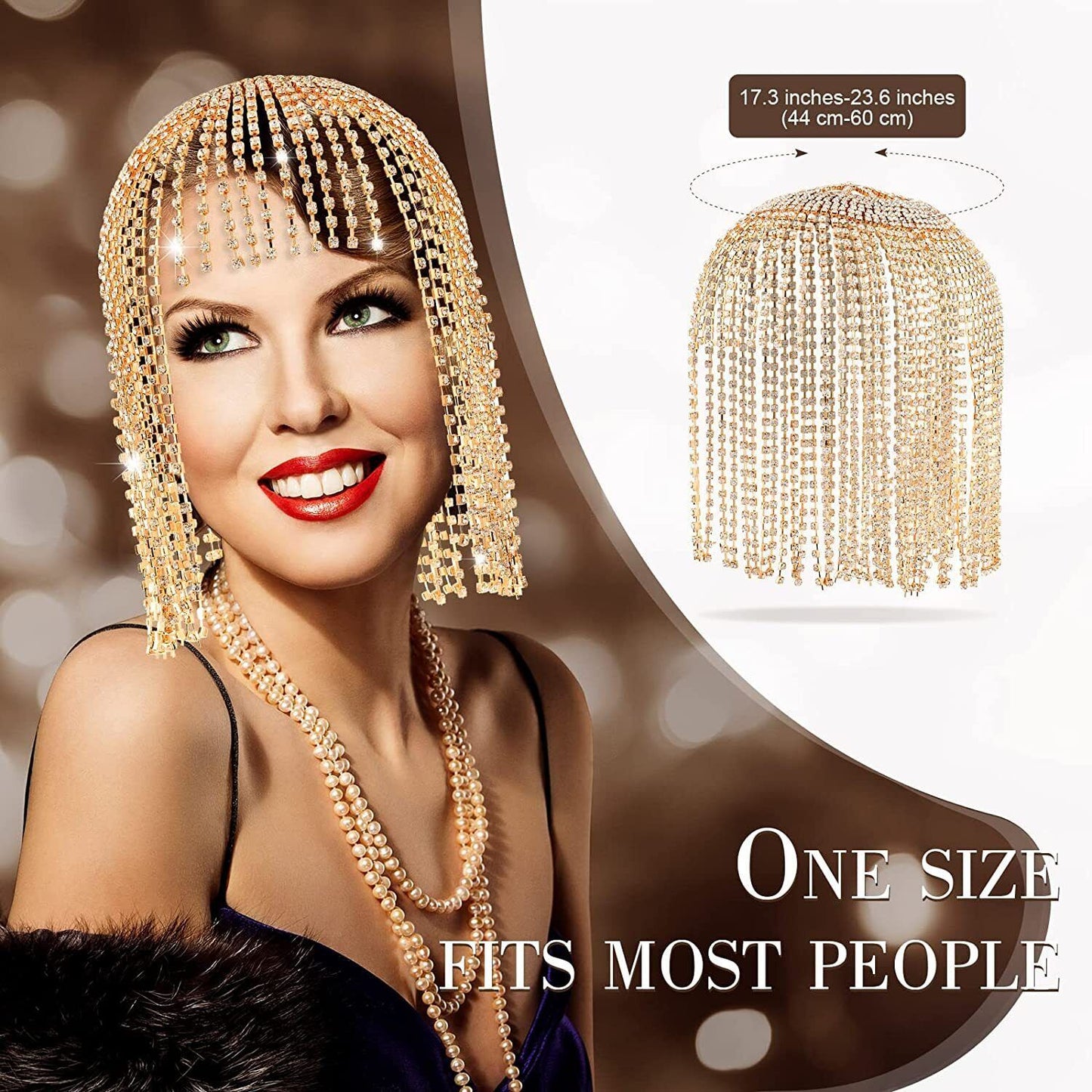 Tassel Rhinestone Cap Headpiece Flapper Golden & Crystal Head Chain Jewelry