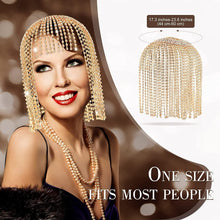 Load image into Gallery viewer, Tassel Rhinestone Cap Headpiece Flapper Golden &amp; Crystal Head Chain Jewelry
