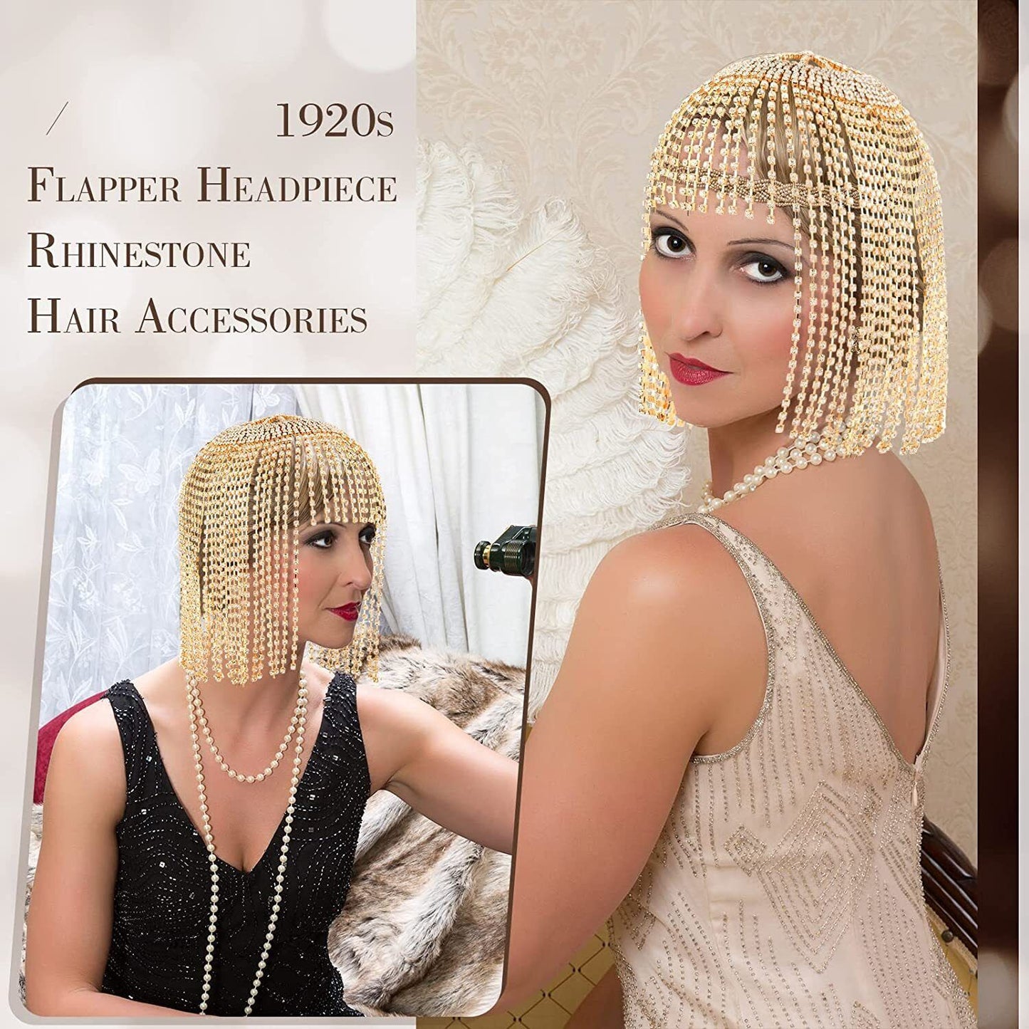 Tassel Rhinestone Cap Headpiece Flapper Golden & Crystal Head Chain Jewelry