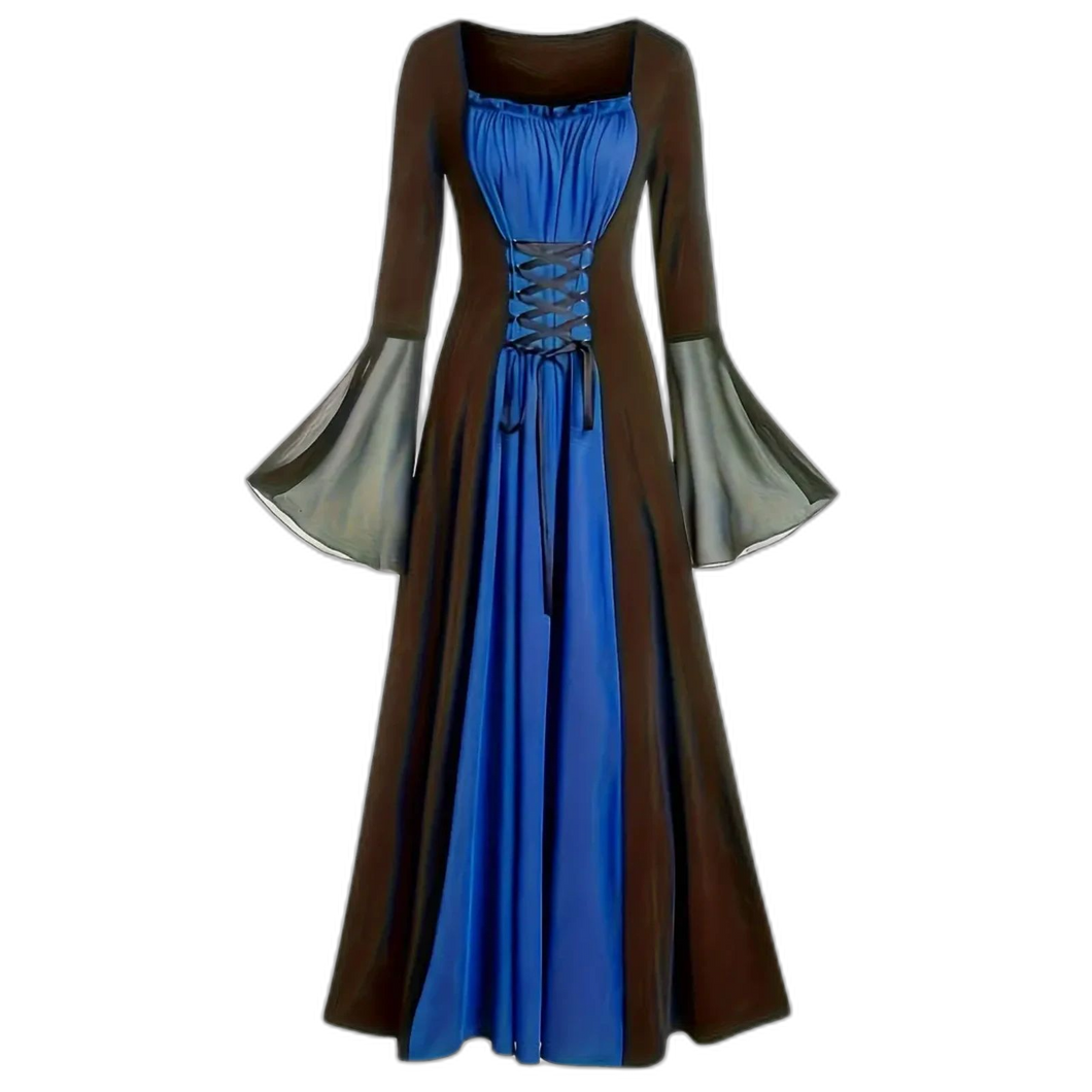 Black with Blue Front LaceUp Dress Flare Sleeve Maxi Medieval Renaissance M(6)