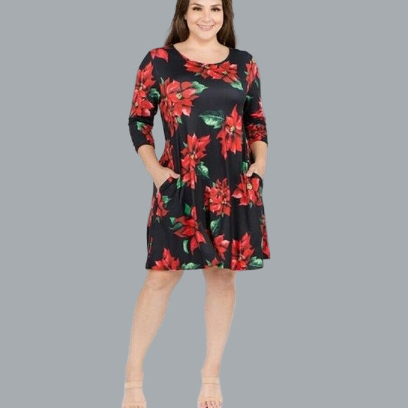 Black / Poinsettia 3/4 Sleeve Christmas Dress 3X