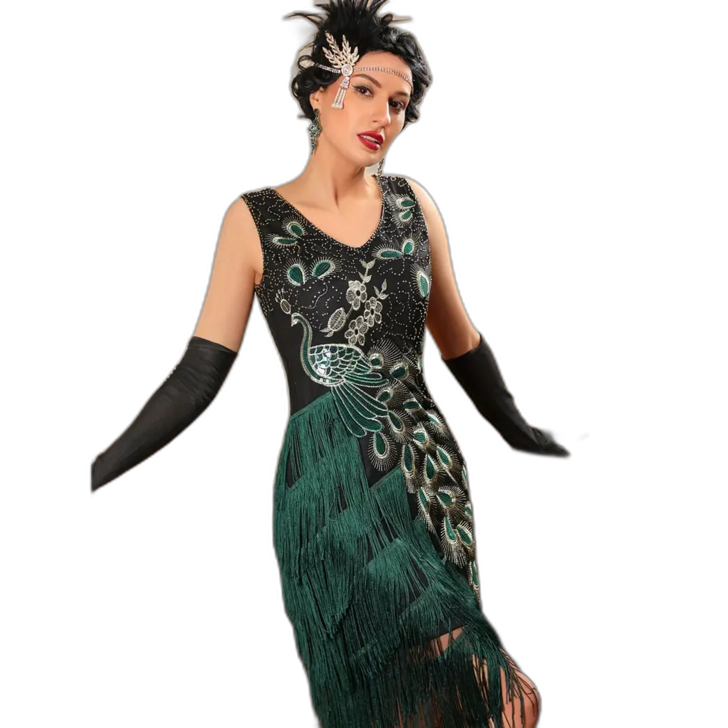 Peacock & Floral Pattern Tassel Tank Dress Vintage Sleeveless V-neck Flapper Dress Sz 14