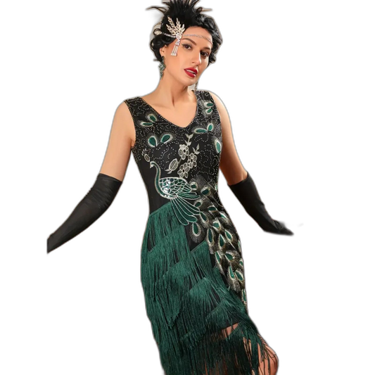 Peacock & Floral Pattern Tassel Tank Dress Vintage Sleeveless V-neck Flapper Dress Sz 14