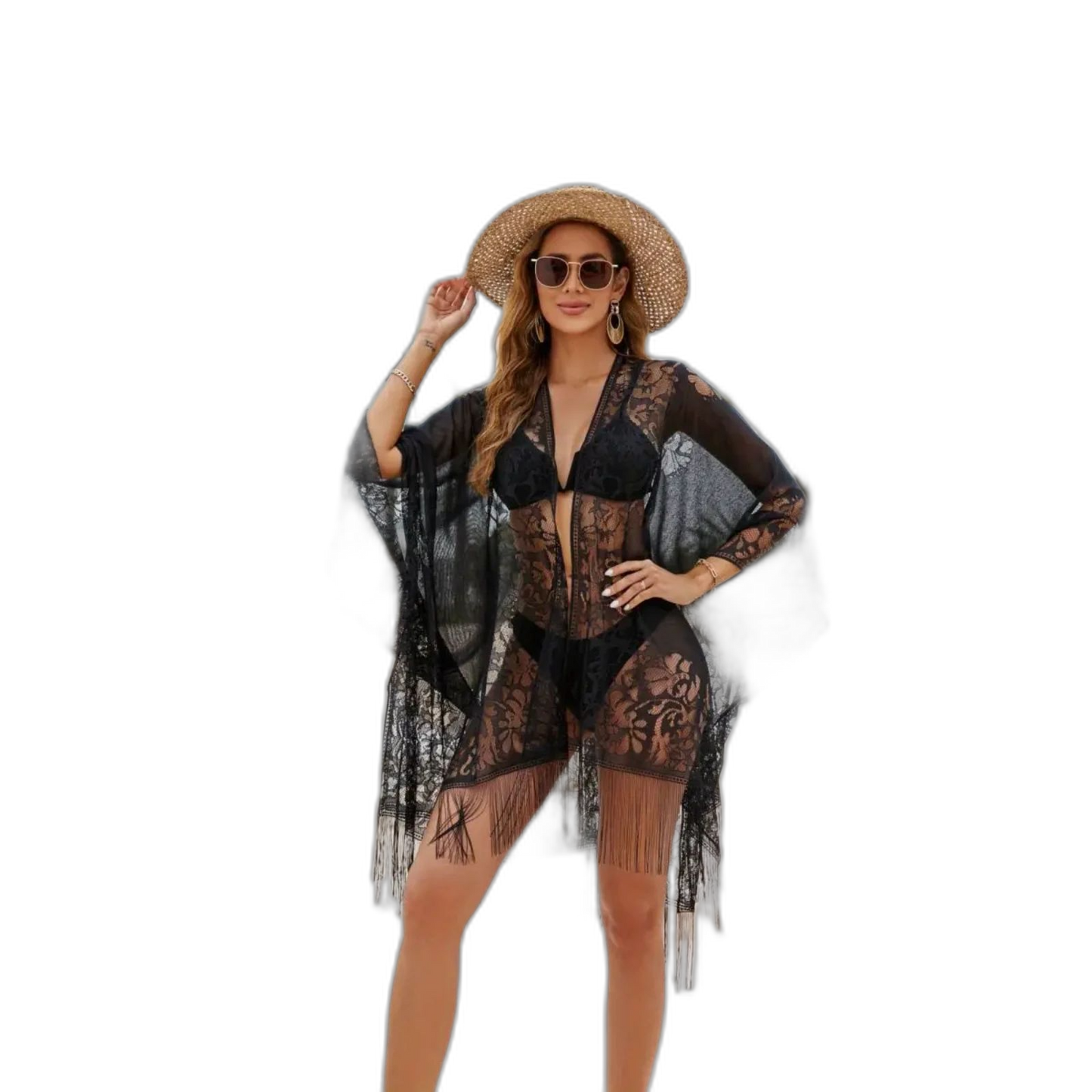 Plus Size Boho Cover Up Lace Batwing Sleeve Open Front Tassel BK Beach Cover Up