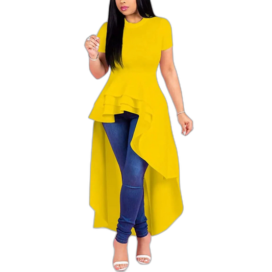High Low Asymmetrical Ruffled Short Sleeve Off Shoulder Tunic Dress yellow Sm