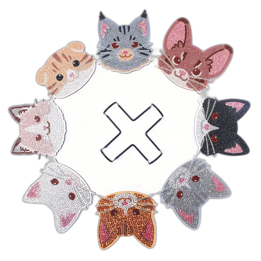 8pcs Cat Diamond Painting Coasters Kit DIY Round Diamond Shaped Cat With Holder