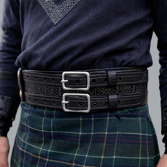 Holy Heck USA Full Grain Leather Double Buckle Kilt Belt 2.5" Celtic 39-44"waist
