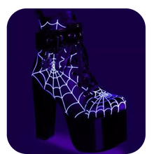 Load image into Gallery viewer, Demonia Torment-51 Spider Web Platform Ankle Boots Size 6 Black Vegan Leather
