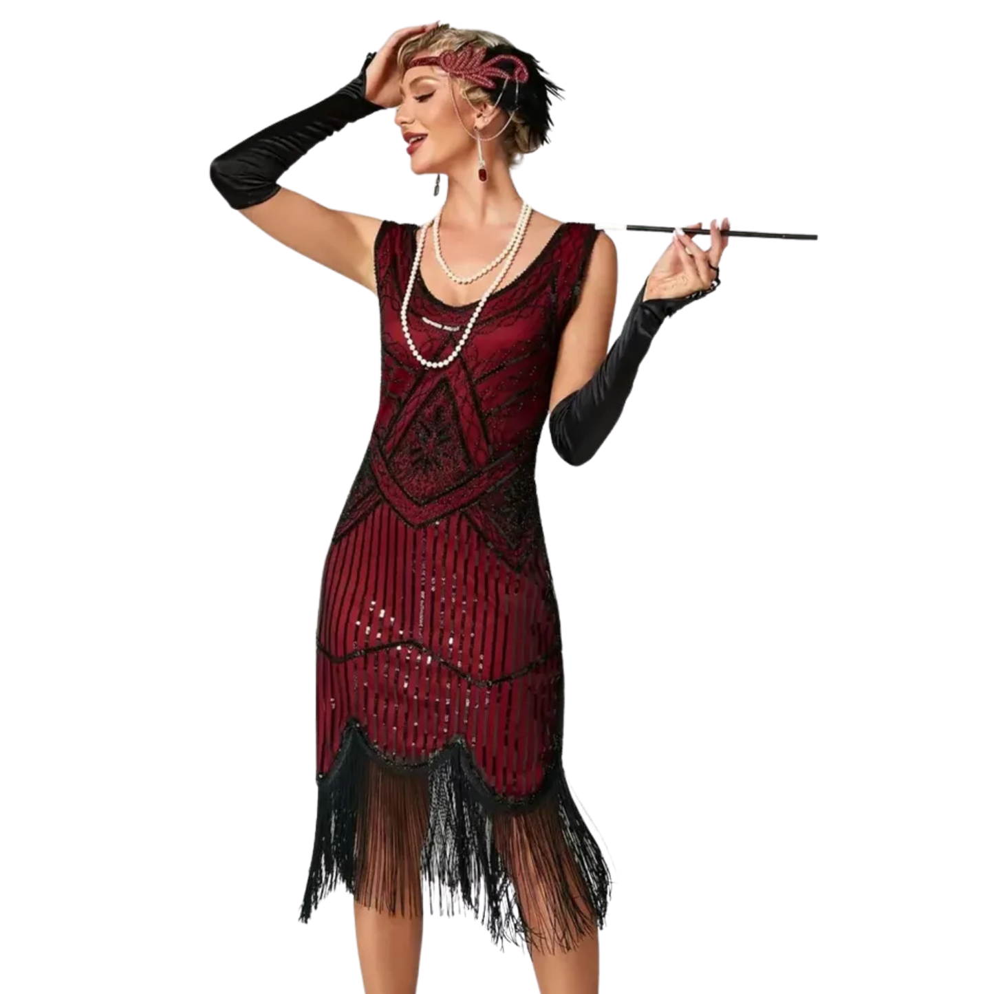 Sequined Fringe Hem Tank Dress Vintage Sleeveless Bodycon Dress Black&Red XXL 14