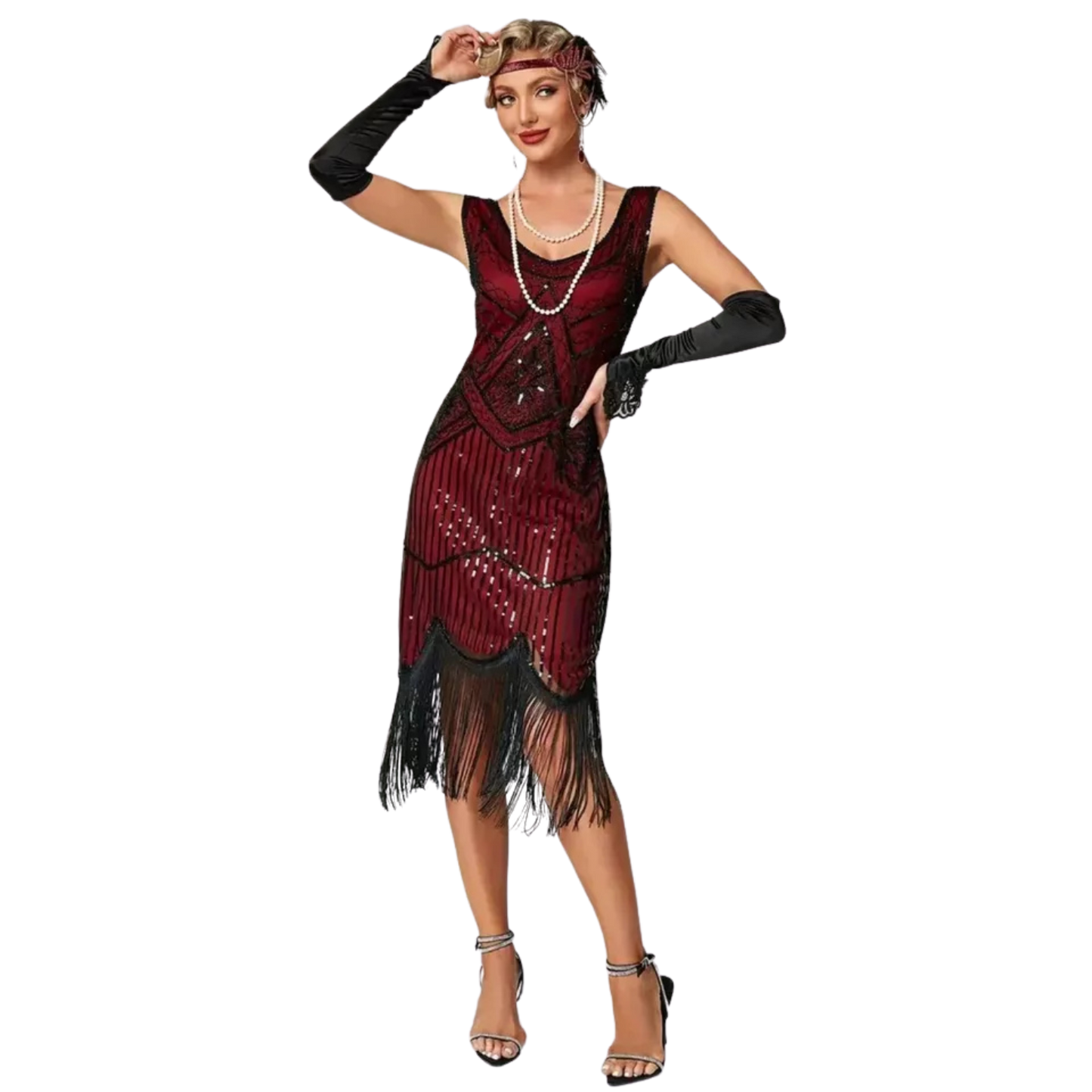 Sequined Fringe Hem Tank Dress Vintage Sleeveless Bodycon Dress Black&Red XXL 14