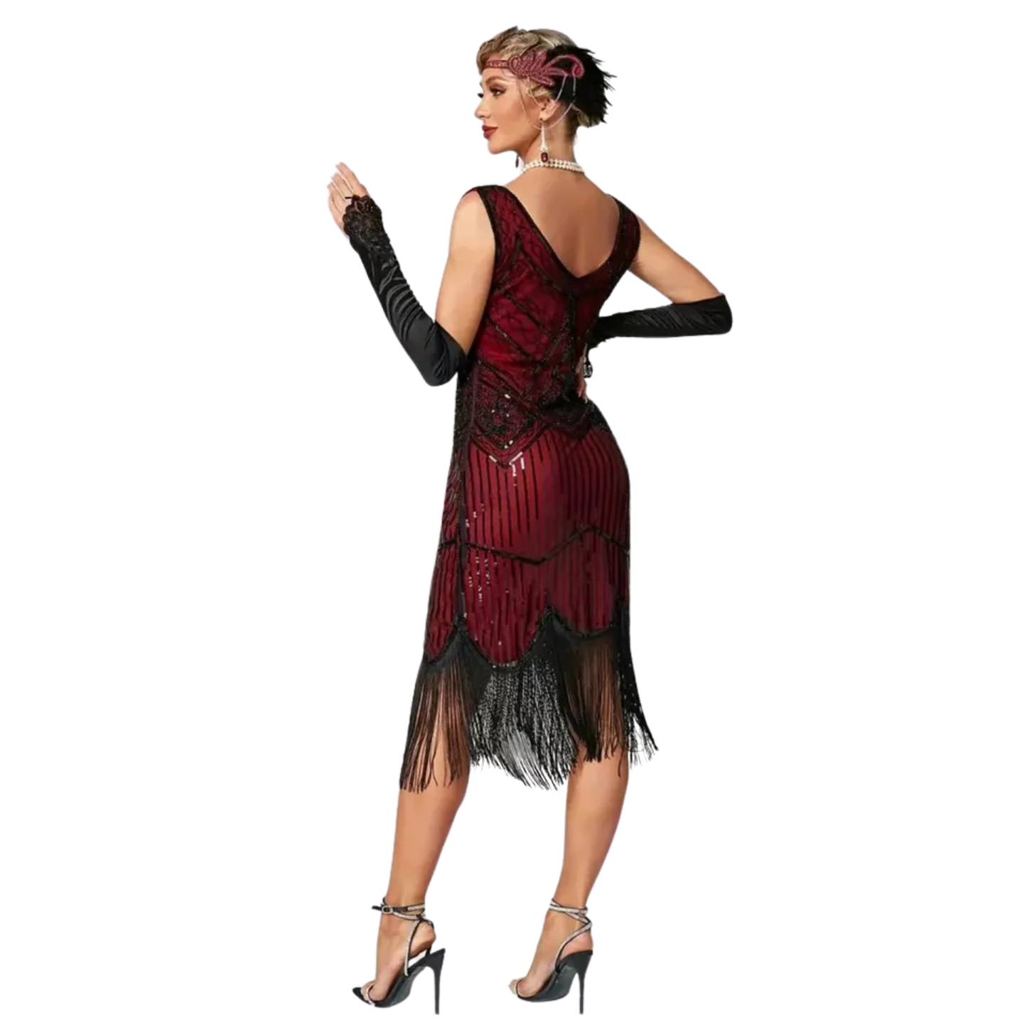 Sequined Fringe Hem Tank Dress Vintage Sleeveless Bodycon Dress Black&Red XXL 14