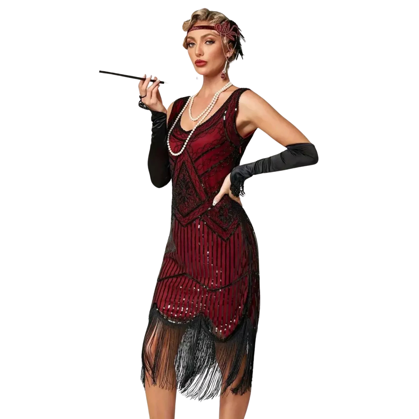 Sequined Fringe Hem Tank Dress Vintage Sleeveless Bodycon Dress Black&Red XXL 14