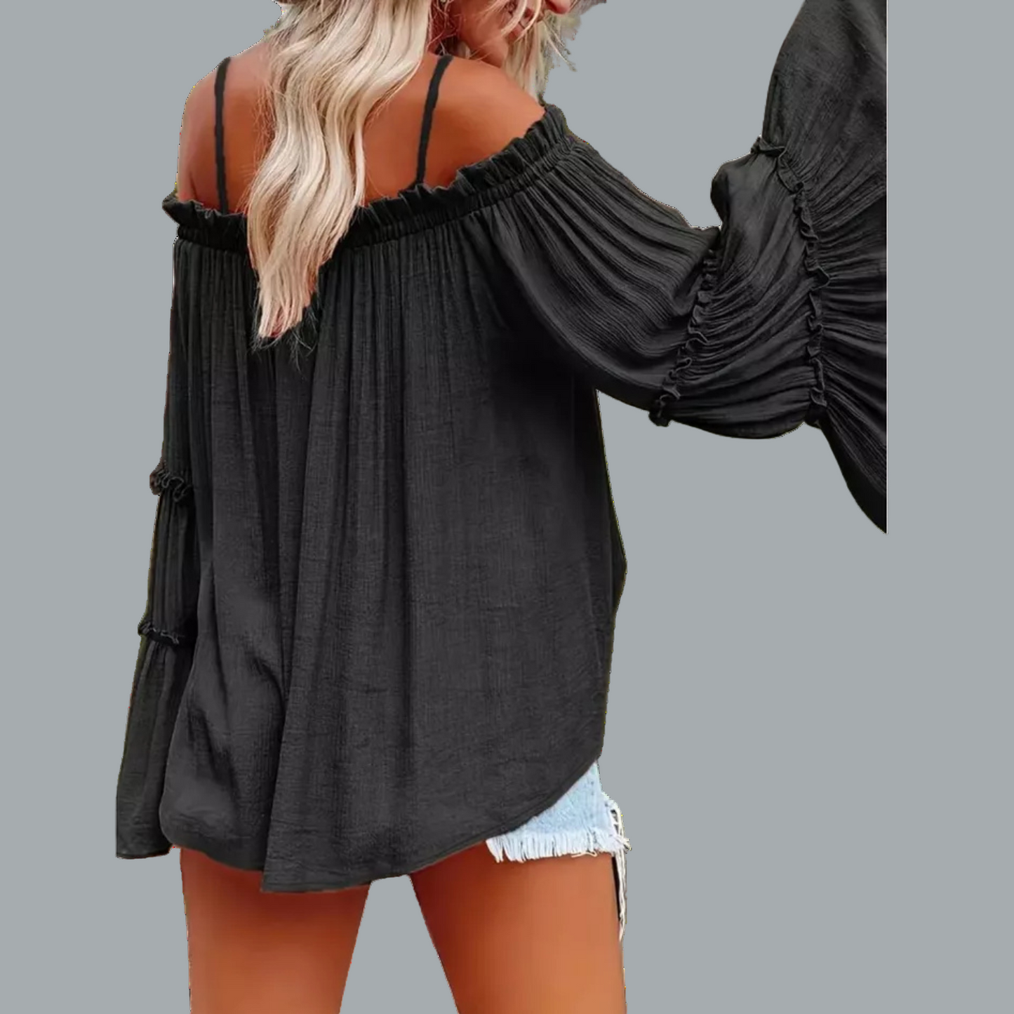 Ruched Spaghetti Strap Blouse Cold Shoulder Blouse Black Size 14