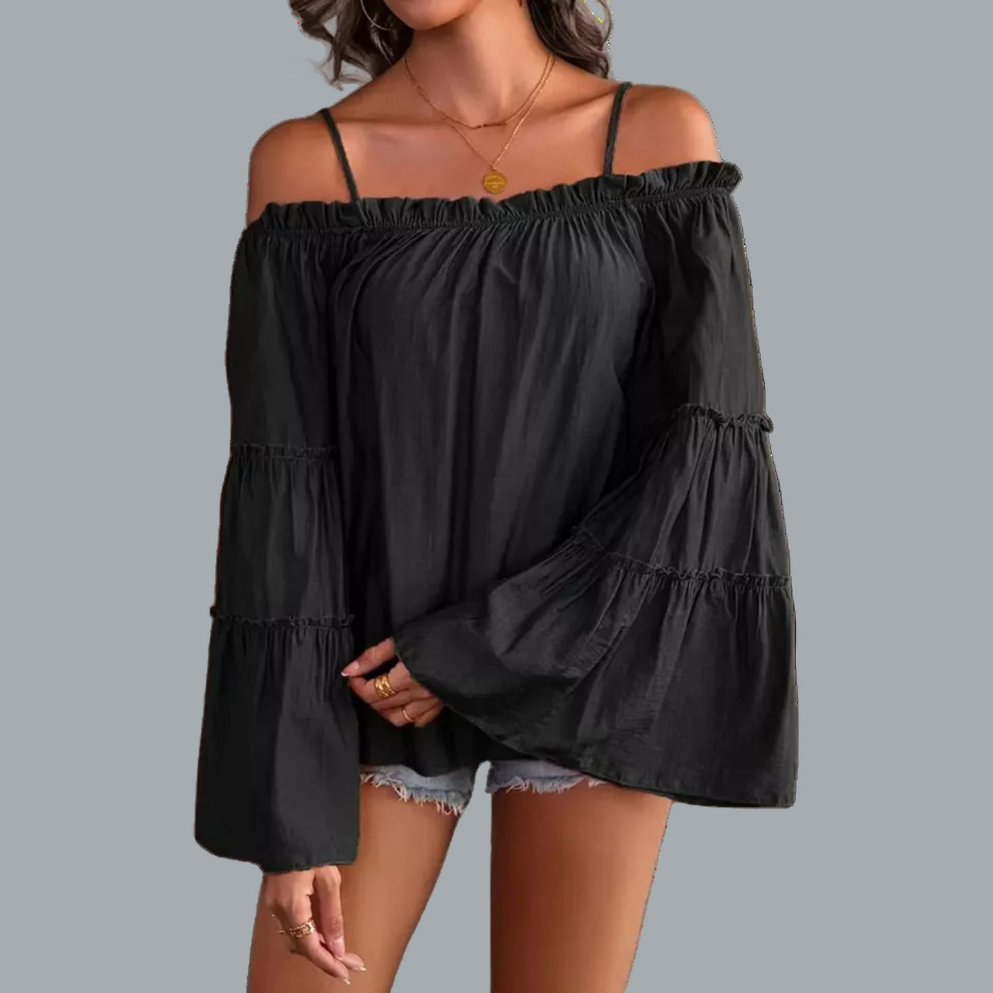 Ruched Spaghetti Strap Blouse Cold Shoulder Blouse Black Size 14