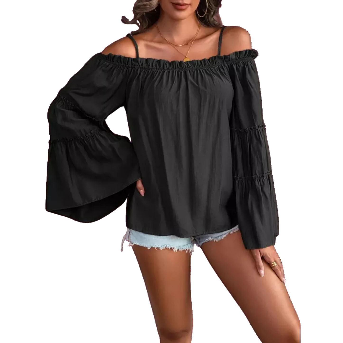 Ruched Spaghetti Strap Blouse Cold Shoulder Blouse Black Size 14