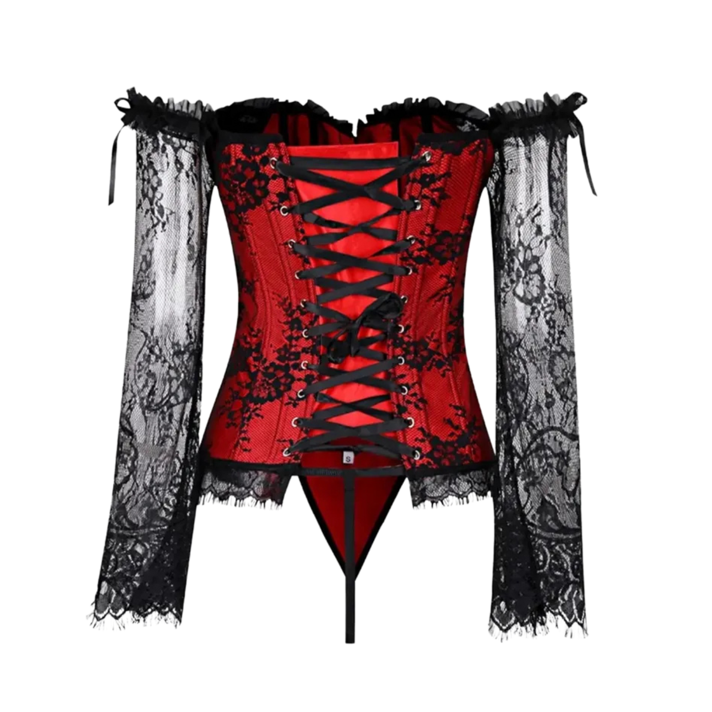 Renaissance Corset Red + Black lace Off Shoulder Lace Court Bustier Top Size 14