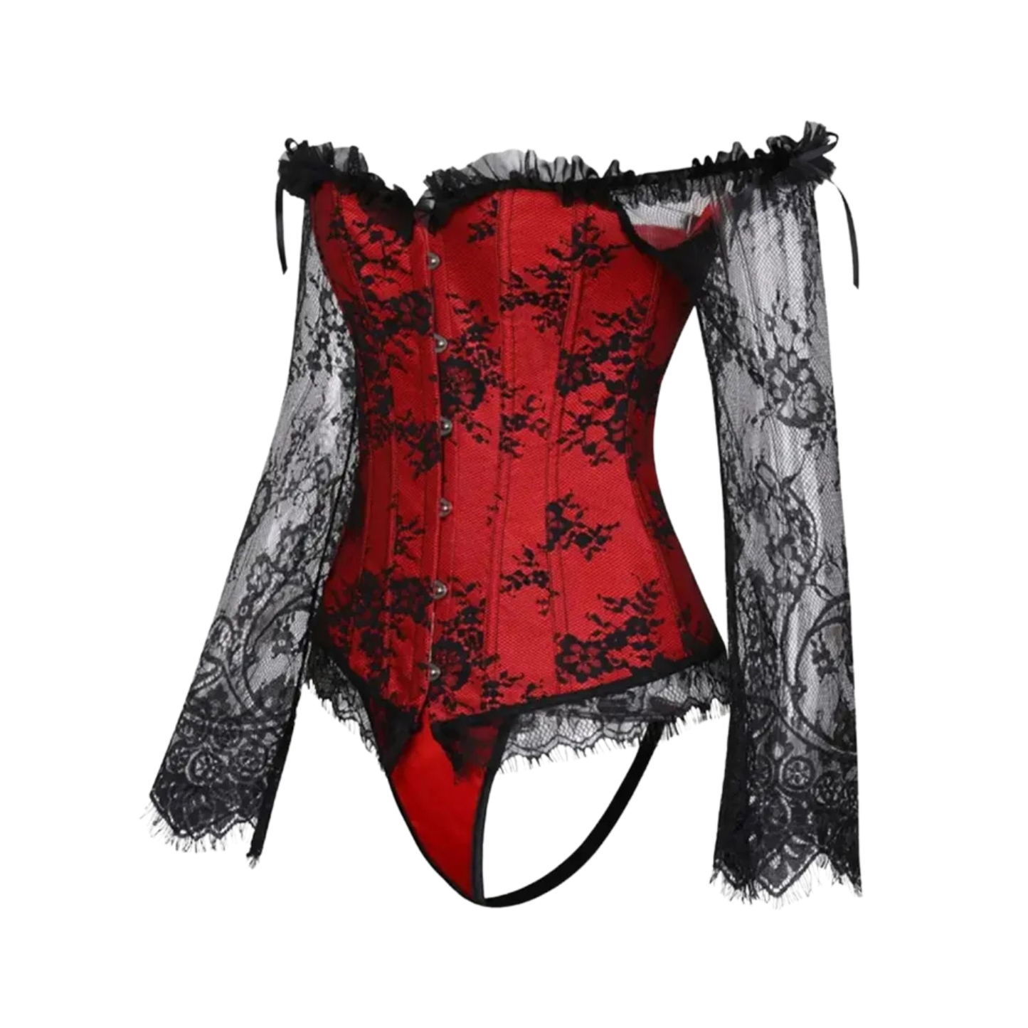 Renaissance Corset Red + Black lace Off Shoulder Lace Court Bustier Top Size 14