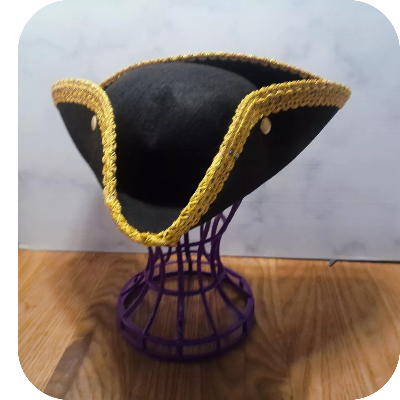 Golden Lace Trim Black Felt Pirate Triangle Hat With Snaps