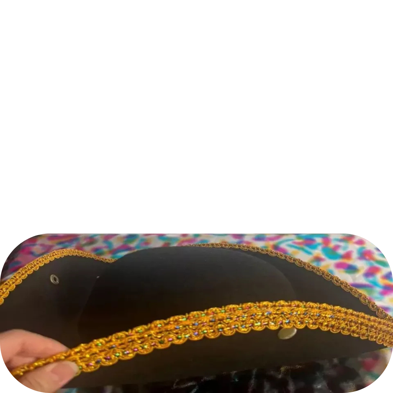 Golden Lace Trim Black Felt Pirate Triangle Hat With Snaps