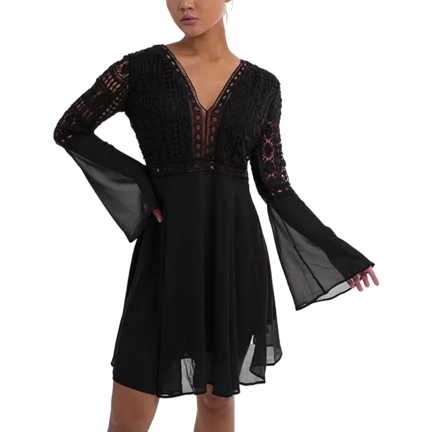 Lace Boho Dress Crochet High Waisted Solid Elegent Ruffle Short Dress Black Sm