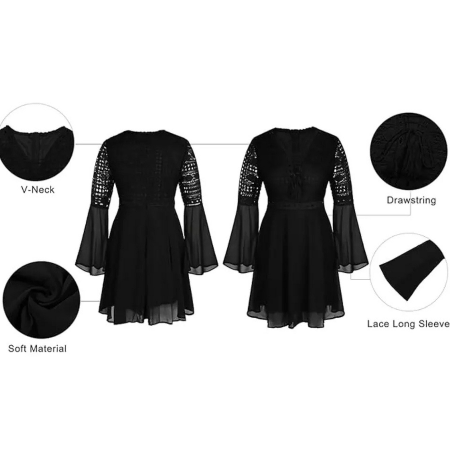 Lace Boho Dress Crochet High Waisted Solid Elegent Ruffle Short Dress Black Sm