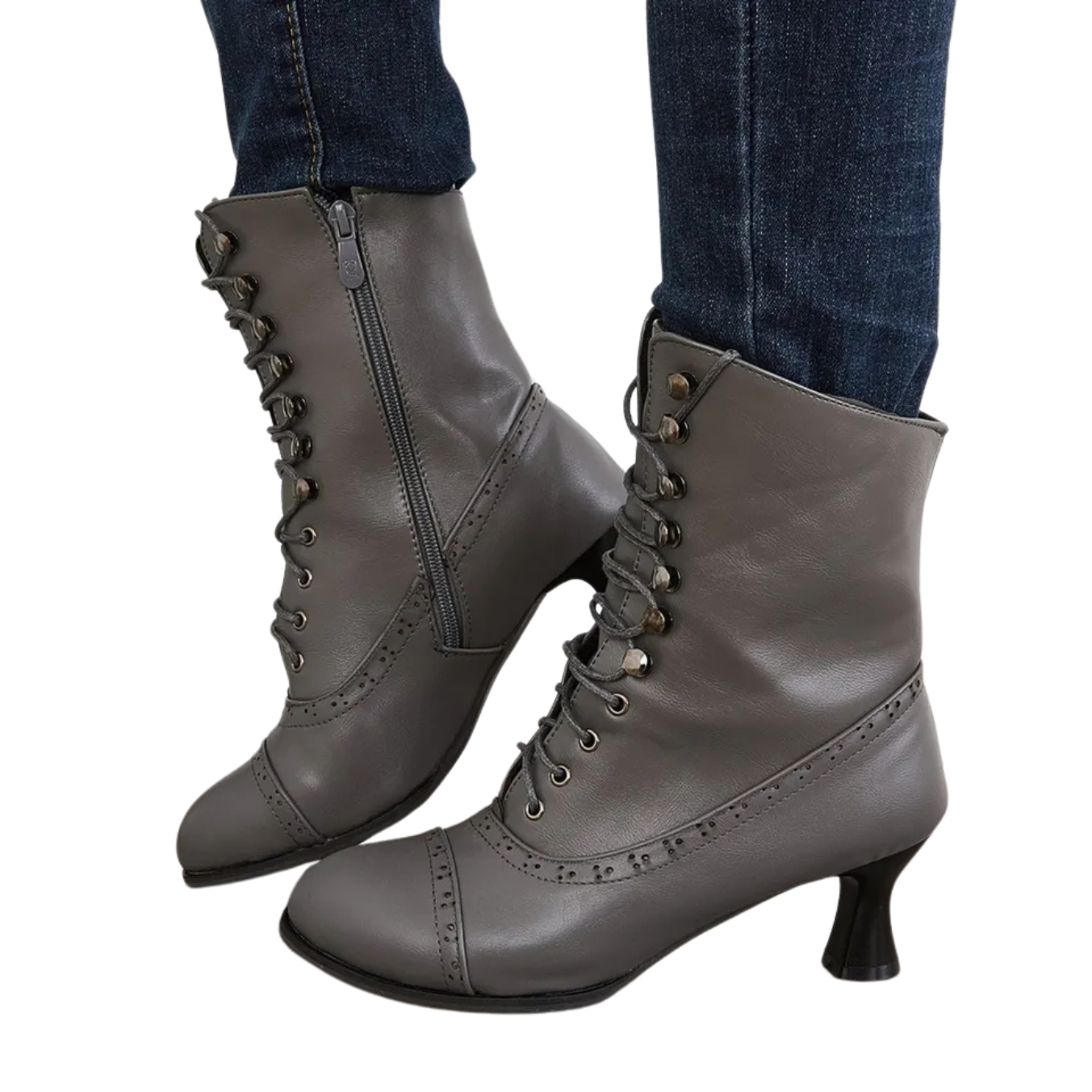Victorian Gray High Heel Pointed Toe Zipper Boots Cross Lace Size 8 (41) Gothic