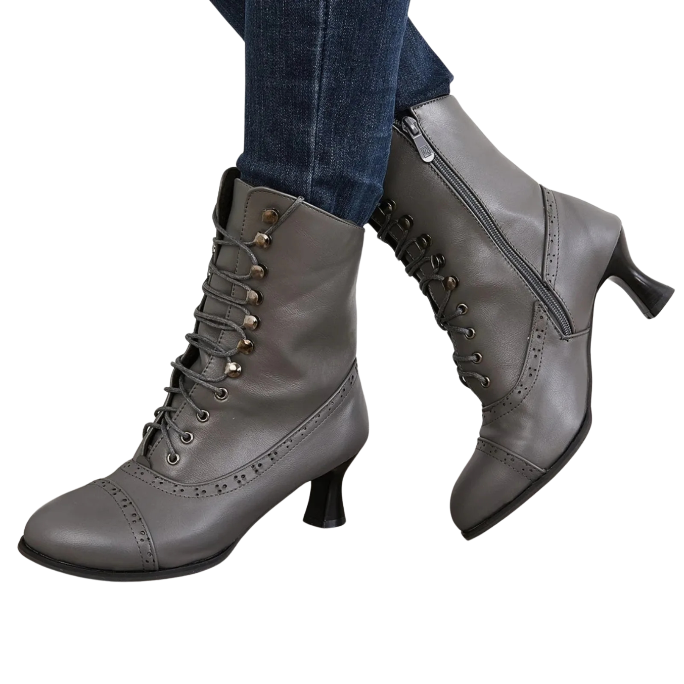 Victorian Gray High Heel Pointed Toe Zipper Boots Cross Lace Size 8 (41) Gothic