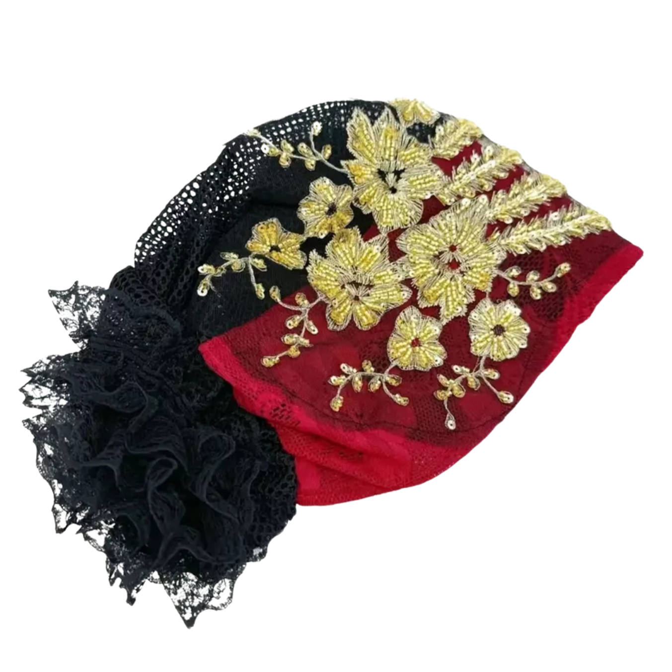 Red Beanie with Golden Beads Breathable Head Wrap and Chemo Cap Women & Girls