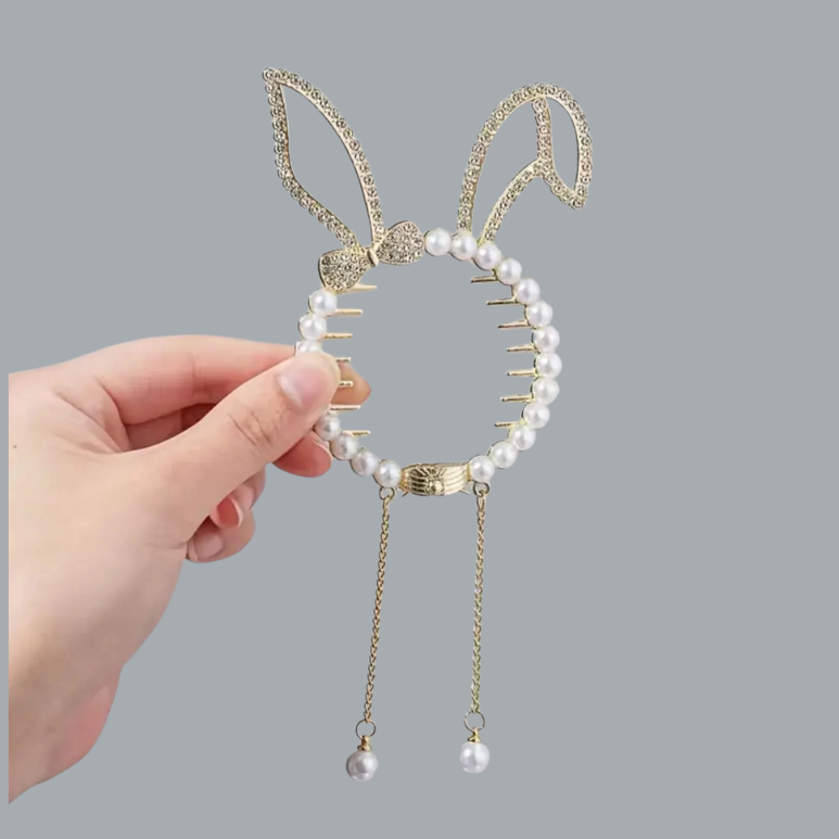 Rhinestone Bunny Claw Clips Faux Pearl Silvertoned Ponytail Buckle Hairpin