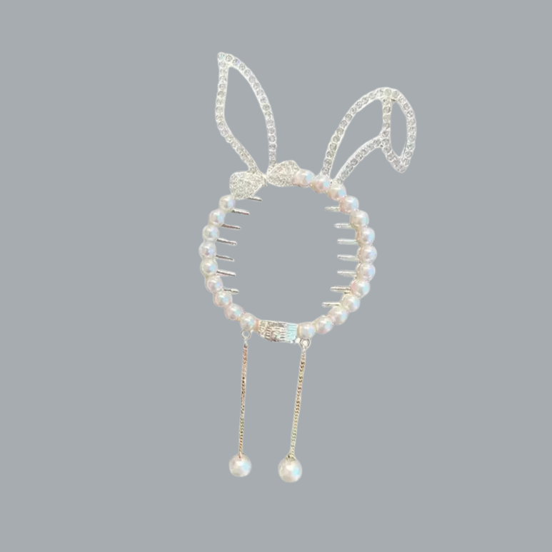 Rhinestone Bunny Claw Clips Faux Pearl Silvertoned Ponytail Buckle Hairpin