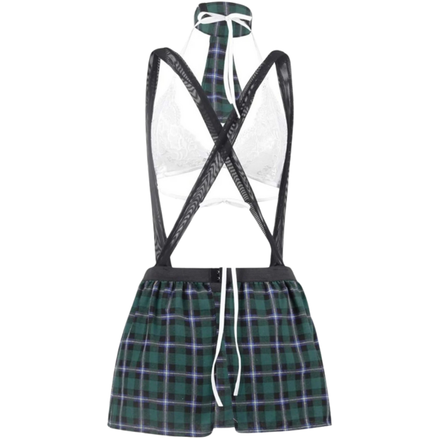 School Girl Lingerie Set Sexy Uniform Role Play Mini Plaid Skirt Green Large