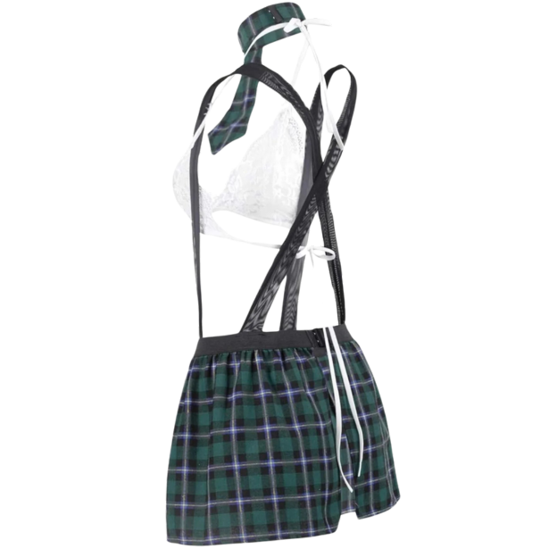 School Girl Lingerie Set Sexy Uniform Role Play Mini Plaid Skirt Green Large