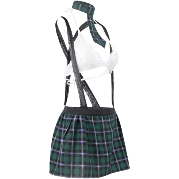 School Girl Lingerie Set Sexy Uniform Role Play Mini Plaid Skirt Green Large