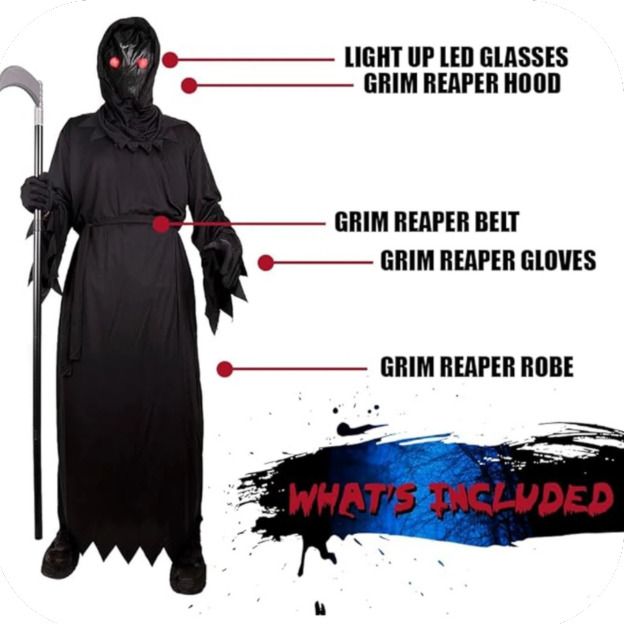 Grim Reaper Costume For Kids Costume With Glowing Red Eyes Youth MED 8-10