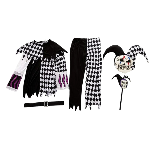 Halloween Evil Jester Clown Kids Costume with Mask Scary Clown Costume L 10-12