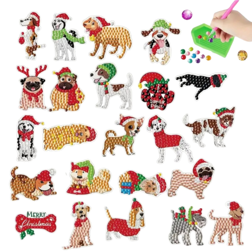 23pcs DIY Rhinestone Painting Stickers Handcraft Stickers Christmas Puppy Round